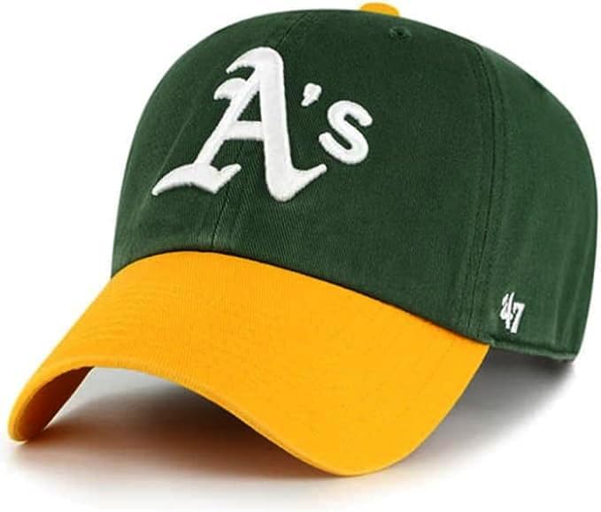 '47 Oakland A's Hat (Oakland Athletics) Mens Womens Clean Up Adjustable Baseball Cap, Green/Yellow Visor, One Size