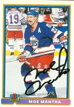 64737 Moe Mantha Autographed Hockey Card Winnipeg Jets 1991 Bowman No. 205