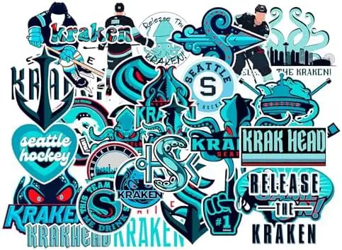 30 PCS Seattle American Kraken Hockey Stickers for Water Bottle, Laptop, Bicycle, Computer, Motorcycle, Travel Case, Car Decal Decoration Sticker
