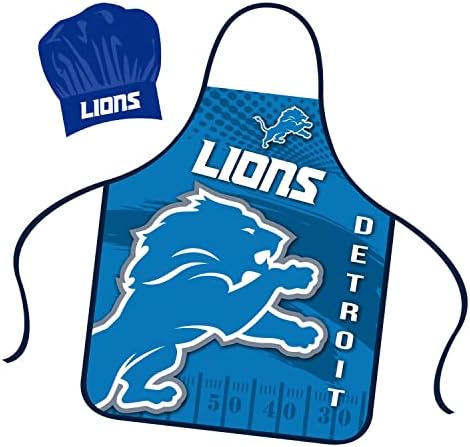 Mojo Licensing Detroit Lions Apron Chef Hat Set Full Color Universal Size Tie Back Grilling Tailgate BBQ Cooking Host