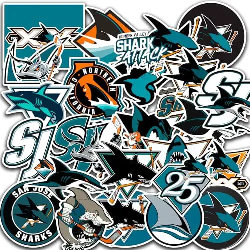 30 PCS San Jose American Sharks Hockey Stickers for Water Bottle, Laptop, Bicycle, Computer, Motorcycle, Travel Case, Car Decal Decoration Sticker